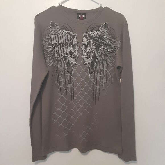 MMA Elite Long Sleeve Shirt Grey Waffle Thermal Y2K Men’s M Cross Skulls VTG - Picture 1 of 7